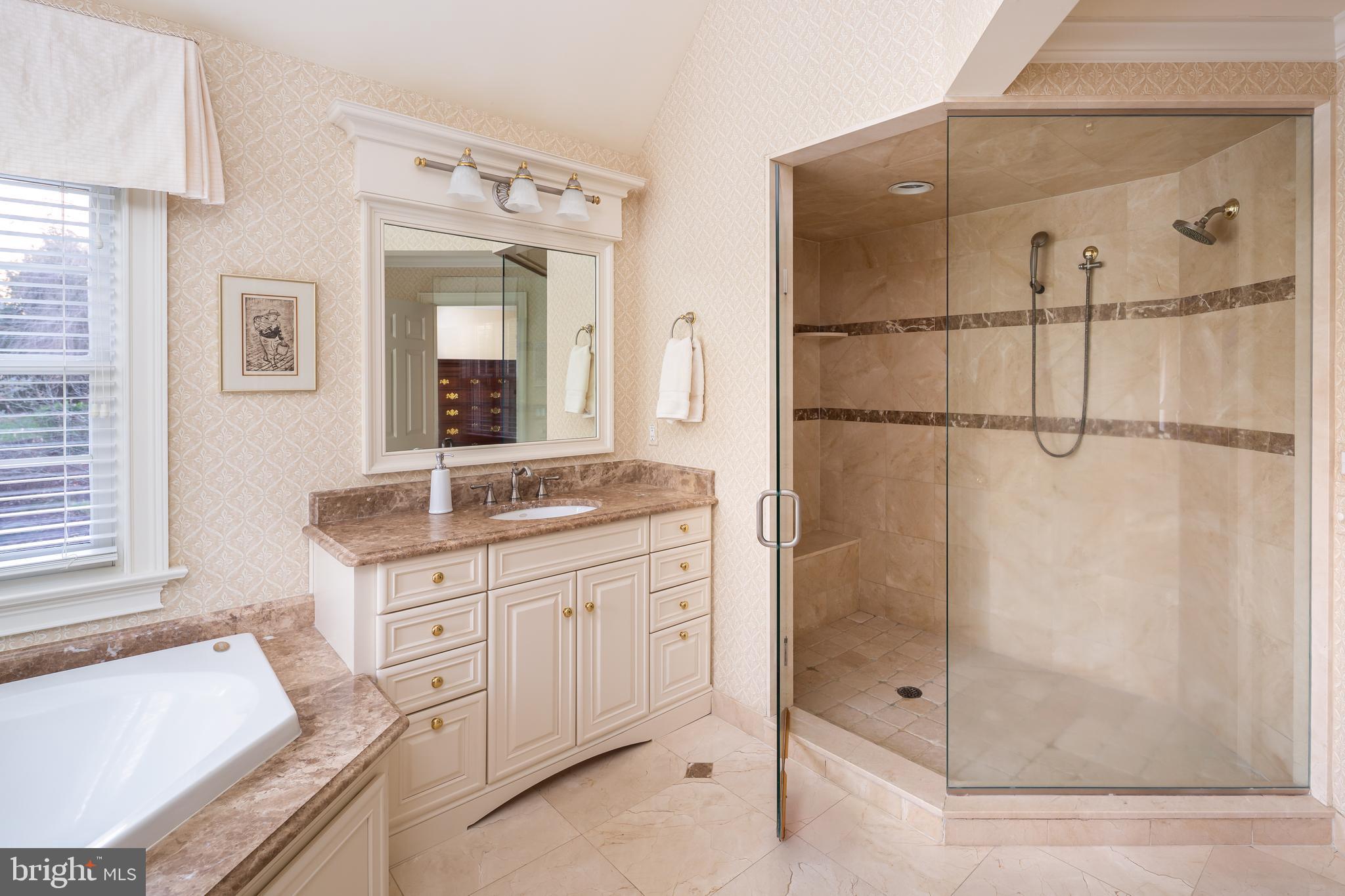 152 Grubb Road Malvern, PA 19355 - Photo 44 of 74 a bathroom with a granite countertop sink a mirror and a shower