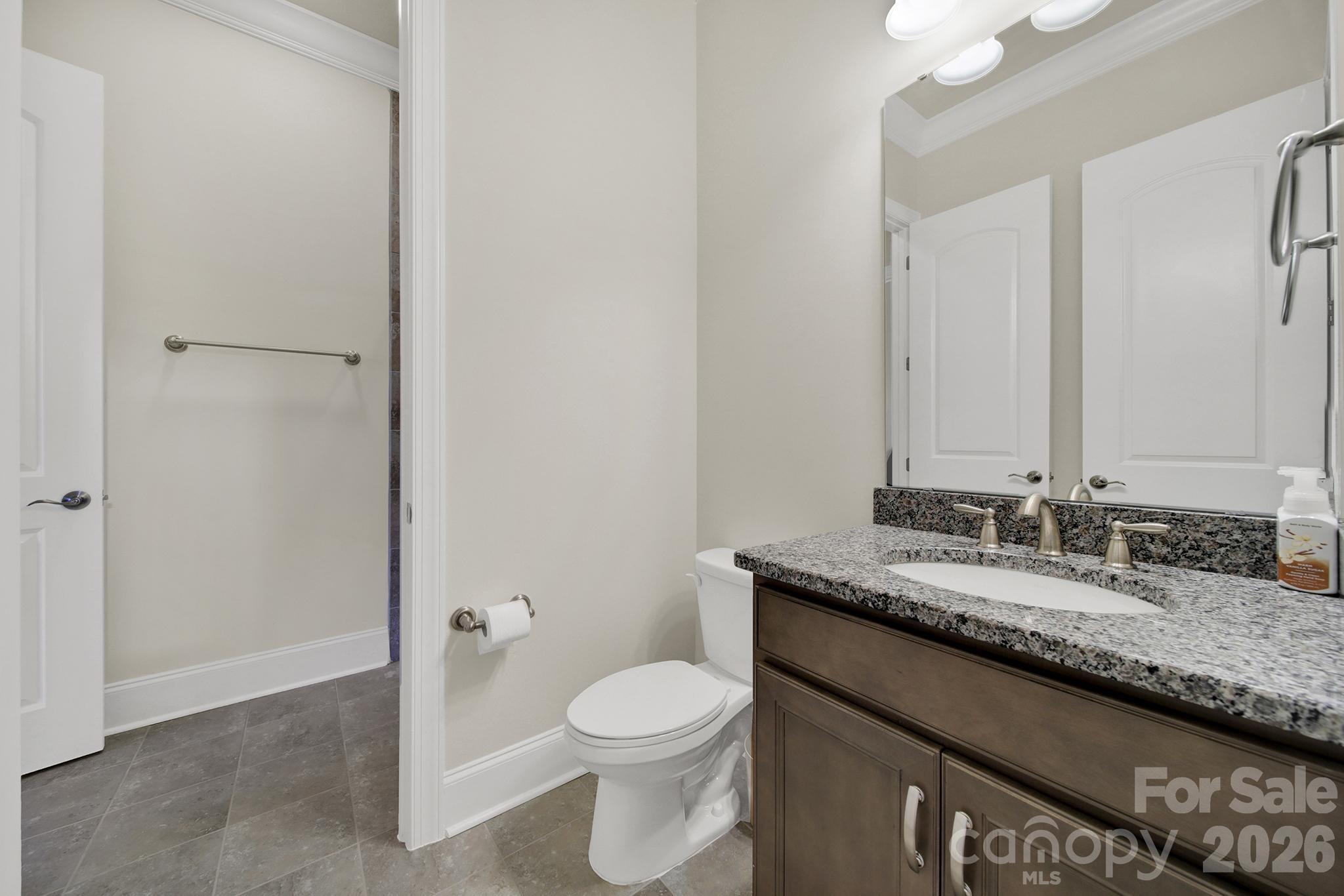 6507 Calvert Commons Drive Huntersville, NC 28078 - Photo 32 of 47 a bathroom with a granite countertop sink a toilet and a mirror