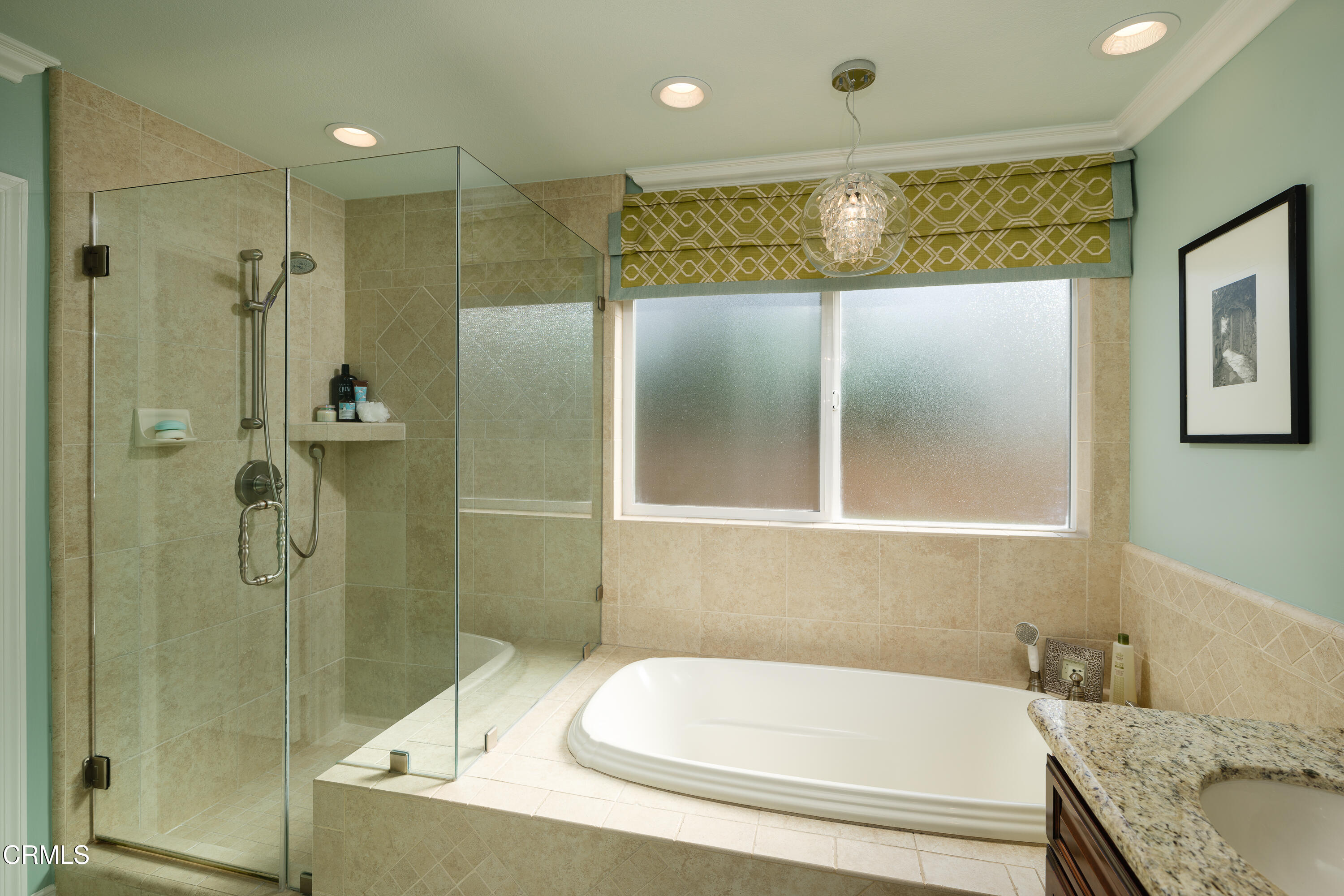 7271 Brydon Road La Verne, CA 91750 - Photo 34 of 63 a bathroom with a granite countertop tub shower and sink