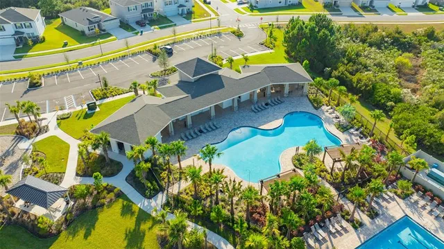 an aerial view of a house with a swimming pool