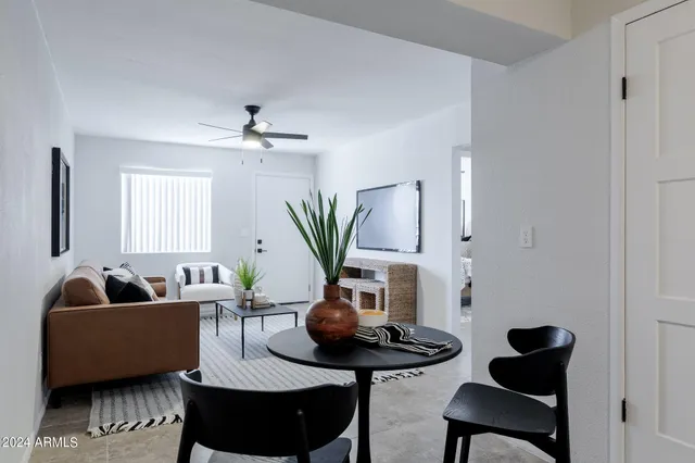 a living room with furniture potted plant and a window