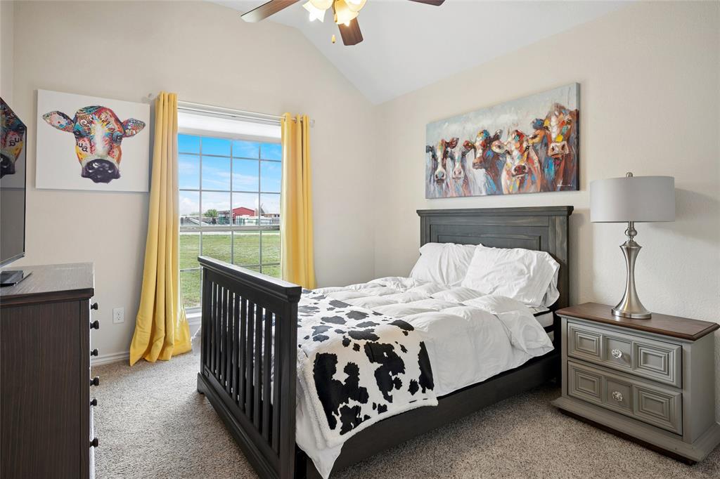 199 Newfield Lane Springtown, TX 76082 - Photo 24 of 38 Bedroom featuring vaulted ceilings, a ceiling fan with integrated lighting, and carpeted floors