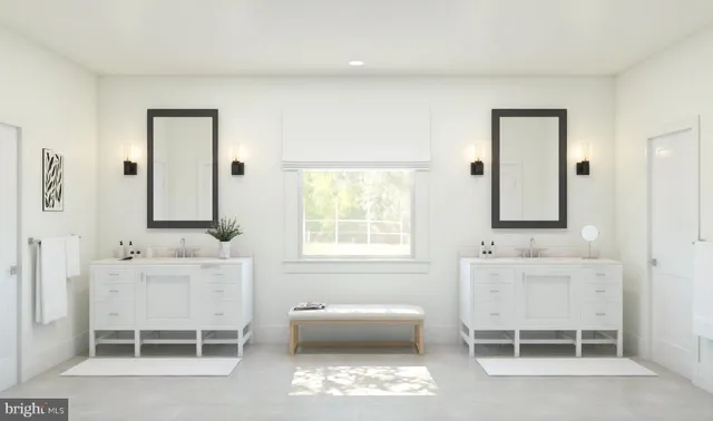 a spacious bathroom with a tub sink and mirror