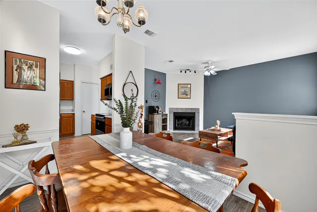 a view of a dining room with furniture