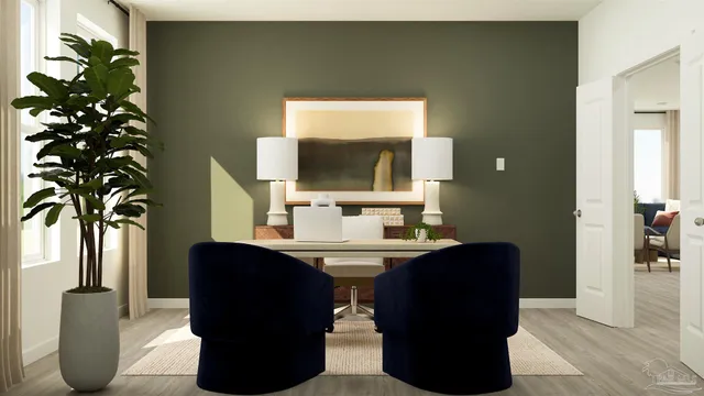 a living room with furniture and a potted plant