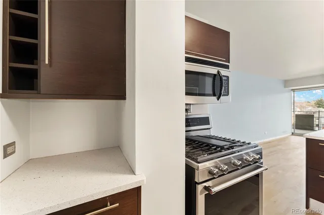 a kitchen with a stove and a microwave