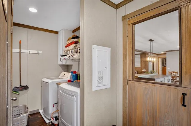 a room with wooden furniture and a window