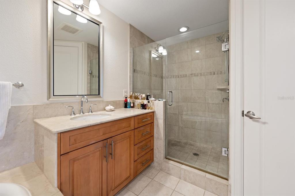 331 Cleveland Street, Unit 301 Clearwater, FL 33755 - Photo 21 of 39 a bathroom with a shower sink vanity granite and mirror