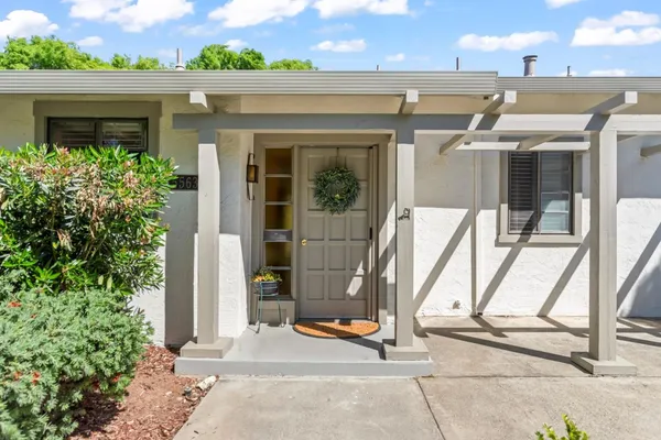 an outdoor view with patio