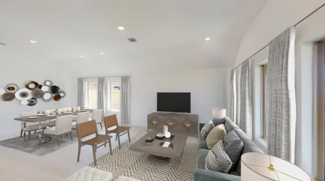 a workspace with furniture and chandelier