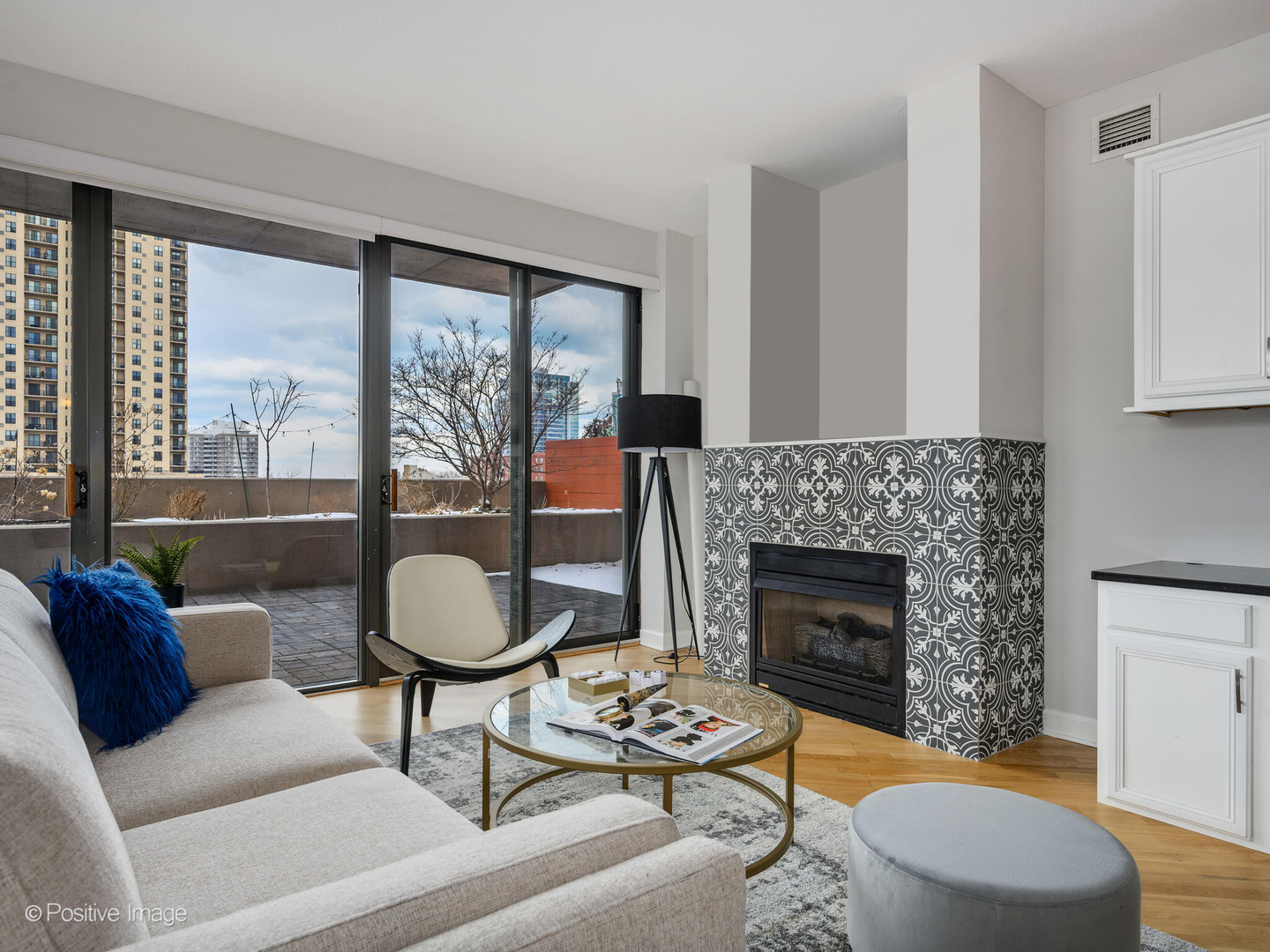 5 East 14th Place, Unit 501 Chicago, IL 60605 - Photo 8 of 26 a living room with furniture a fireplace and a floor to ceiling window