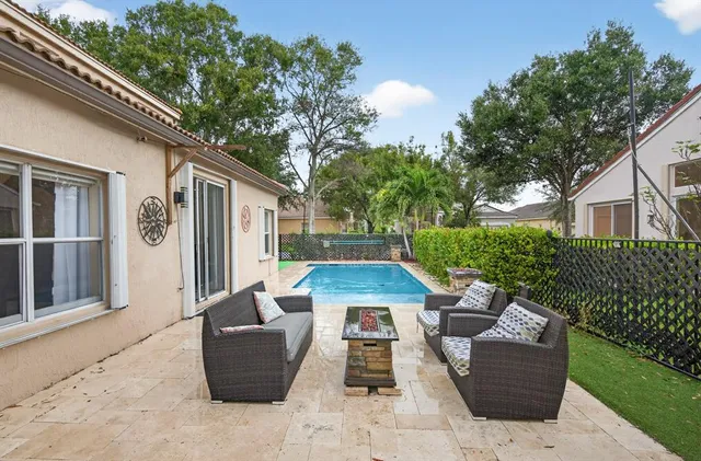 a view of backyard with outdoor seating and green space