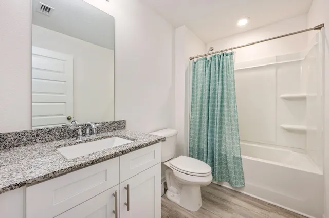a bathroom with a granite countertop sink toilet and shower