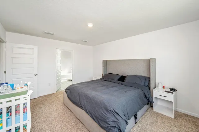 a bedroom with a bed and a closet