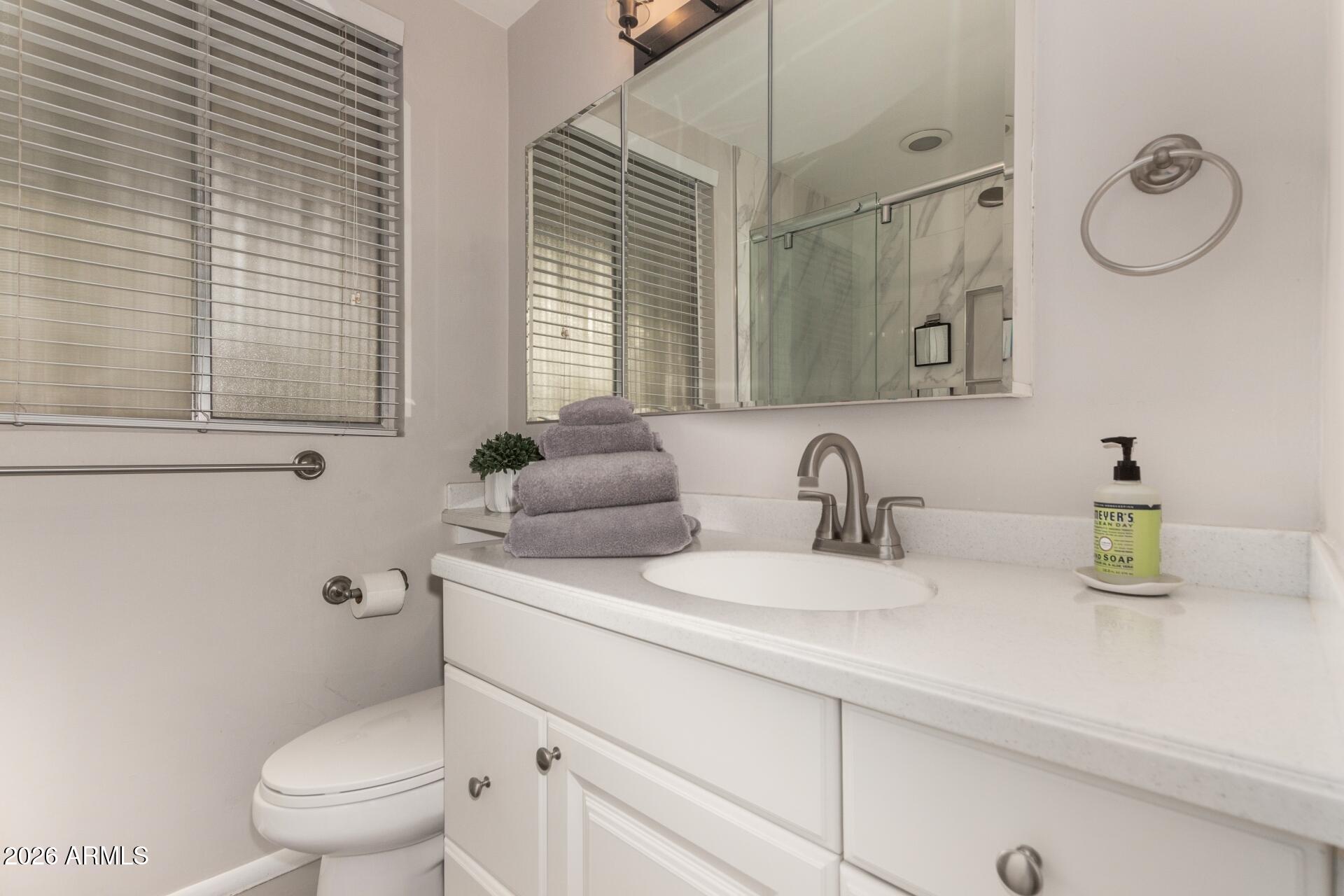 3270 East Camelback Road, Unit 213 Phoenix, AZ 85018 - Photo 18 of 41 a bathroom with a granite countertop toilet sink and mirror