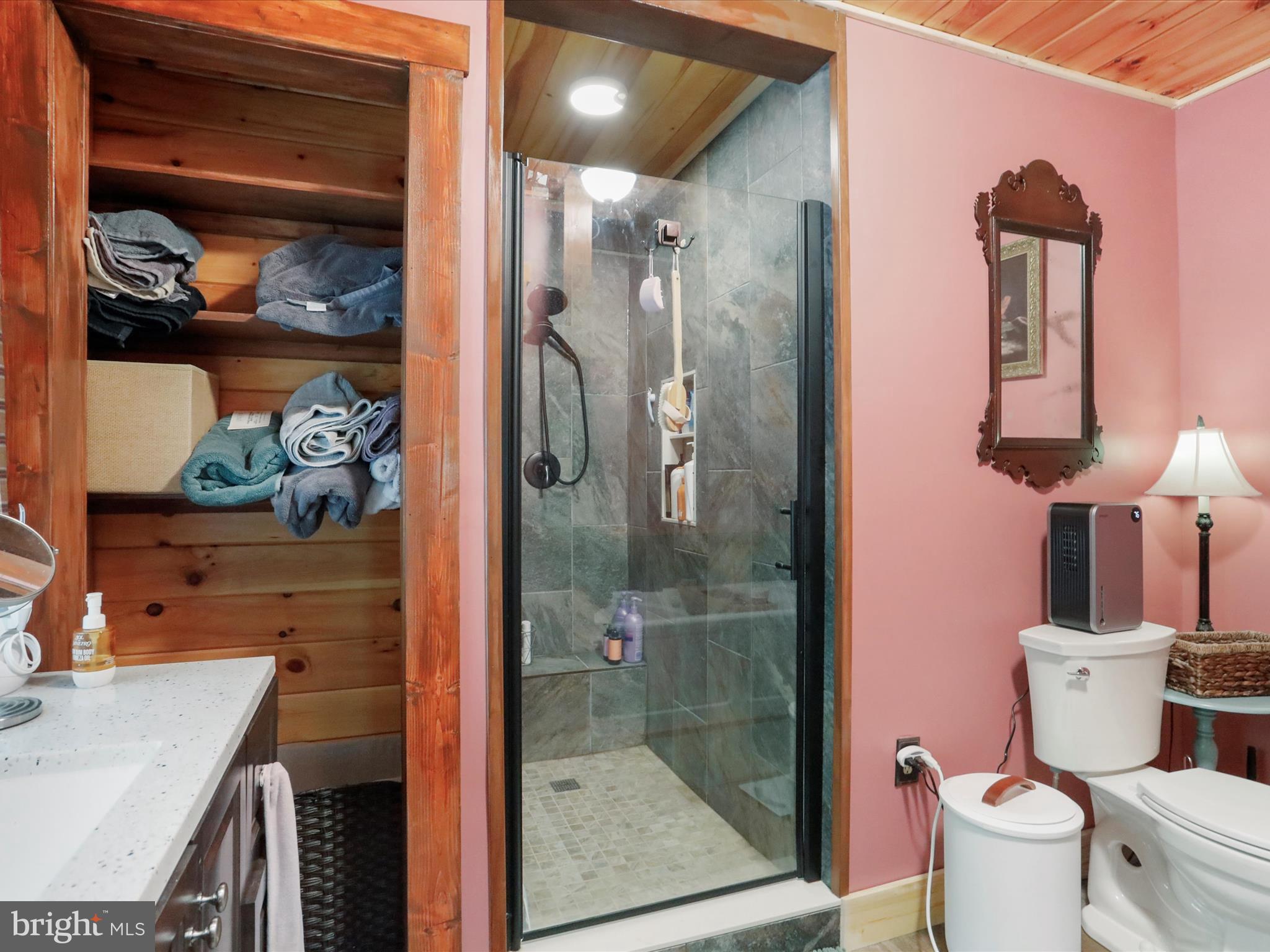 480 High Mountain Road Romney, WV 26757 - Photo 20 of 46 a bathroom with a granite countertop sink a toilet and shower
