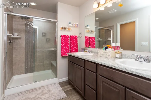 a bathroom with a granite countertop shower sink and mirror
