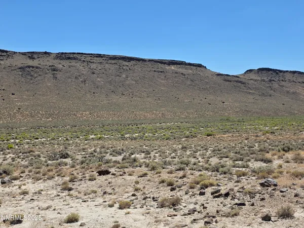 a view of a dry field with mountains in the background