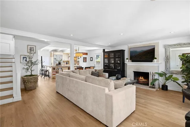 a living room with furniture a fireplace a flat screen tv and potted plant