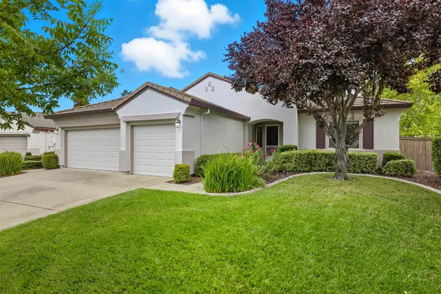 a front view of house with yard and green space