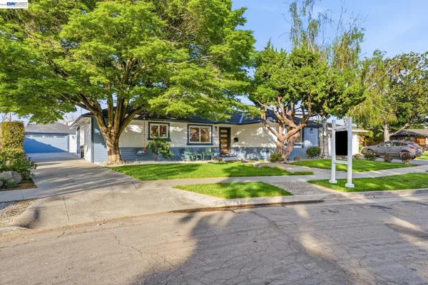 a view of house with outdoor space and trees all around