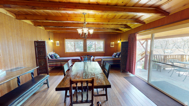315 Abbey Road Moab, UT 84532 - Photo 13 of 46 Dining space featuring a chandelier, hardwood / wood-style flooring, wooden walls, and a wood ceiling with exposed beams