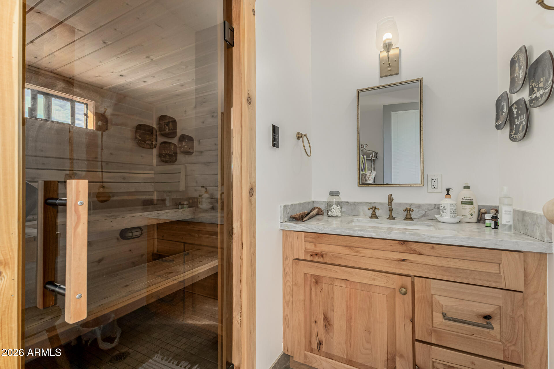 31210 North 68th Street Cave Creek, AZ 85331 - Photo 54 of 61 a bathroom with a granite countertop sink a mirror and shower