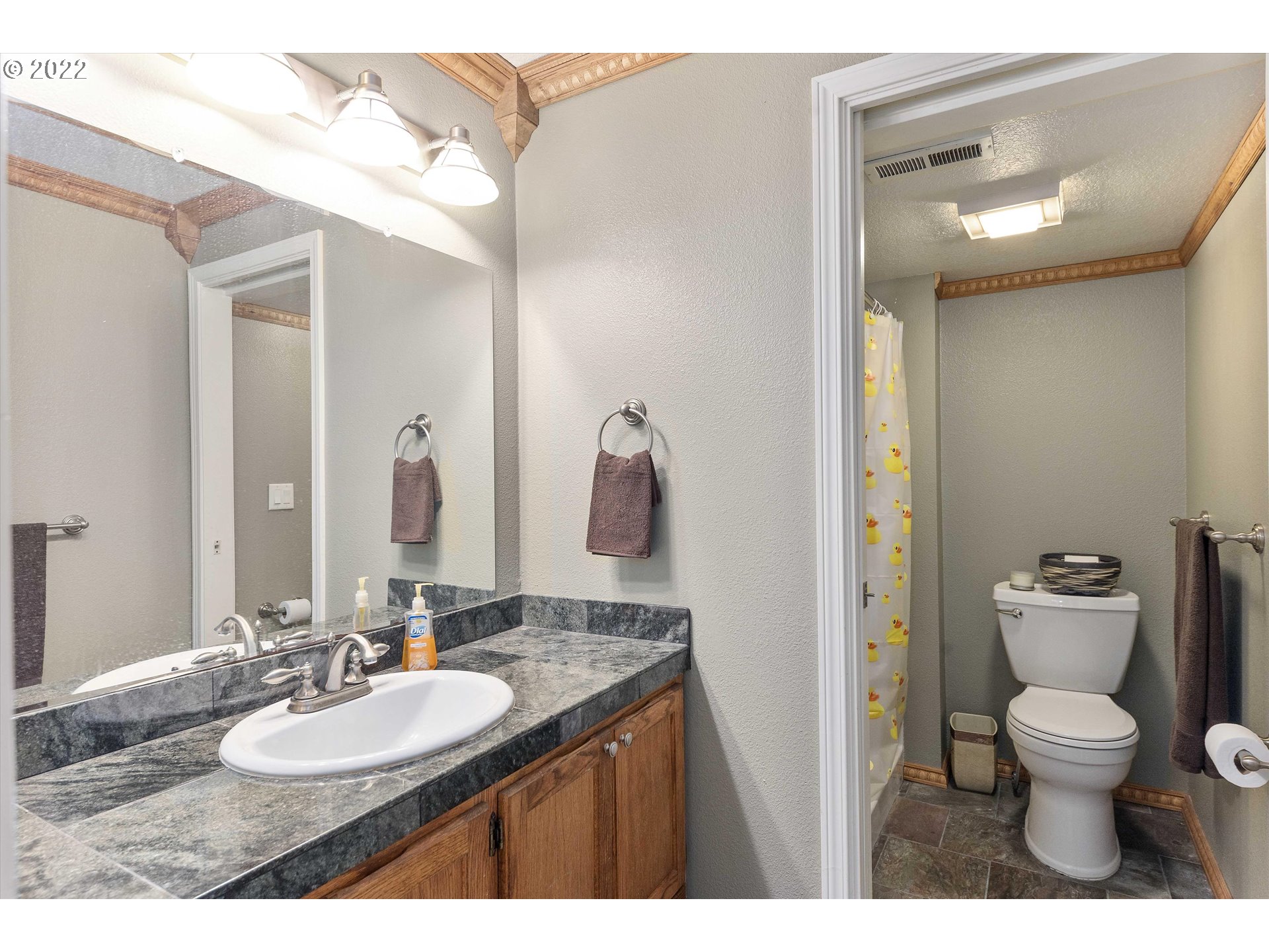 17212 Southeast Royer Road Damascus, OR 97089 - Photo 22 of 32 a bathroom with a granite countertop sink and a mirror