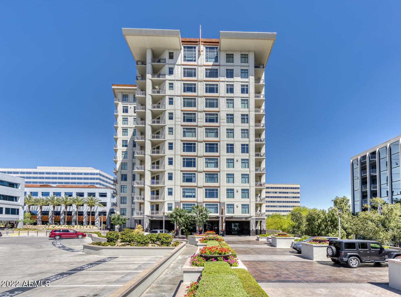 a front view of a building with street view