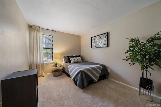 a spacious bedroom with a bed and a potted plant