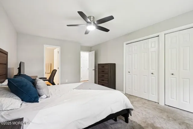 a bedroom with a bed and closet