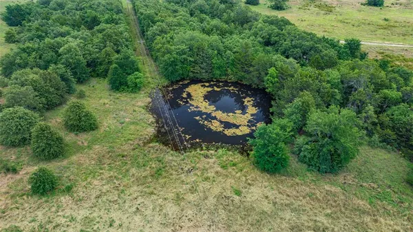 an aerial view of a house with a yard and large trees