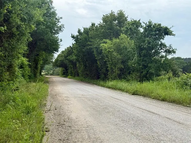 a view of a road with a trees in the background