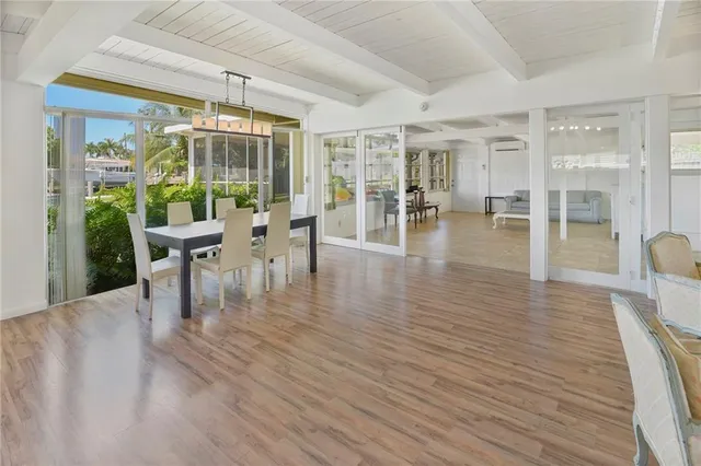 a view of a dining room with furniture wooden floor and chandelier