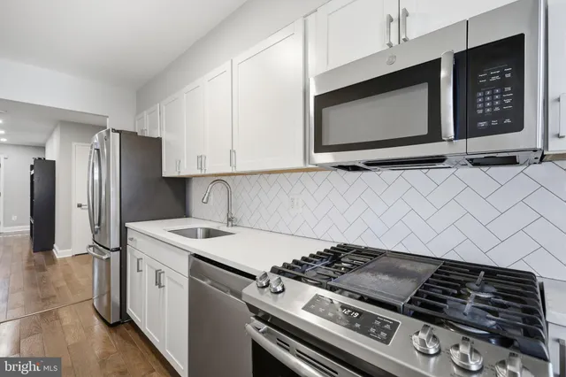 a kitchen with a stove and a microwave