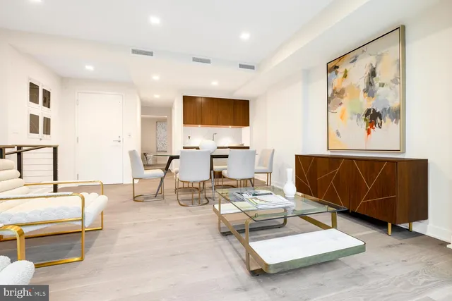 a view of a dining room with furniture