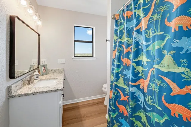 a bathroom with a sink a mirror and shower curtain