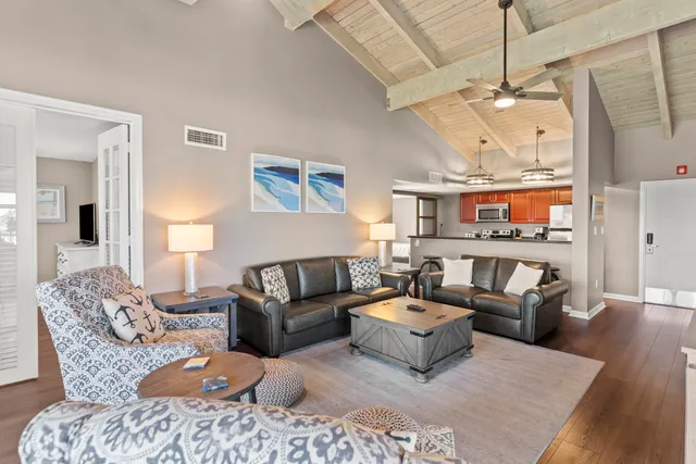 a living room with furniture ceiling fan and a rug