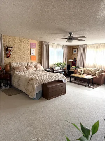 a bedroom with a bed couch and a large window