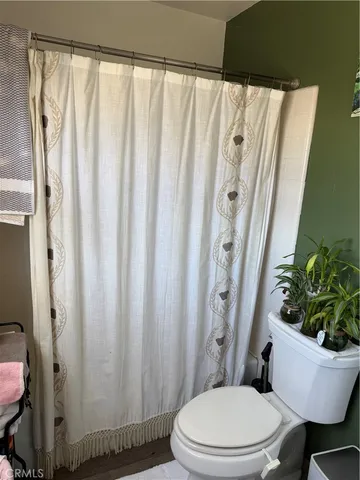a white toilet sitting next to a shower curtain