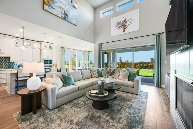 a living room with furniture a rug and a fireplace