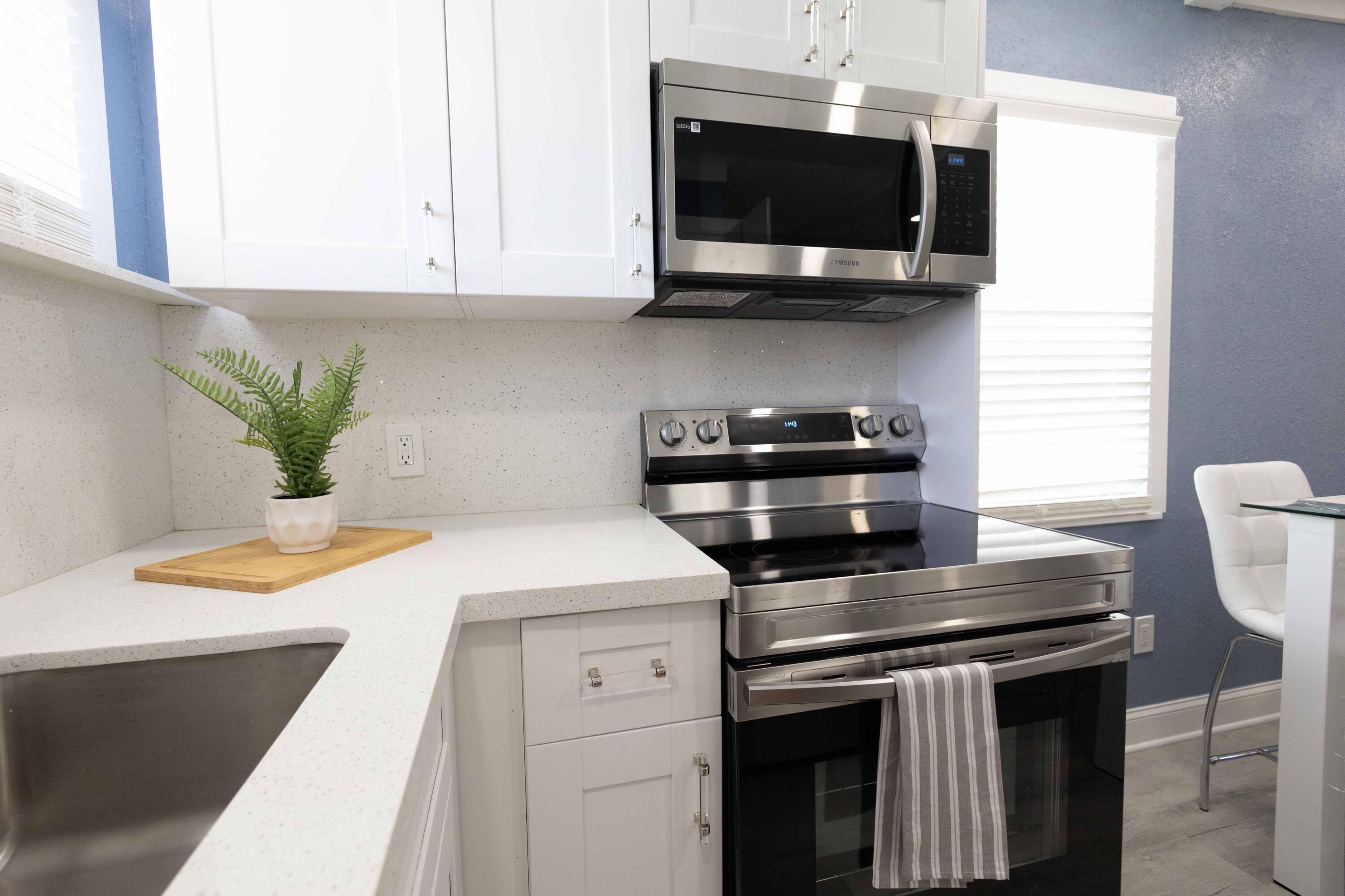 420 Avenida Alegre, Unit 4 West Palm Beach, FL 33405 - Photo 11 of 33 a kitchen with stainless steel appliances granite countertop a sink a stove and a microwave