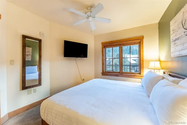 a bedroom with a bed and a flat screen tv