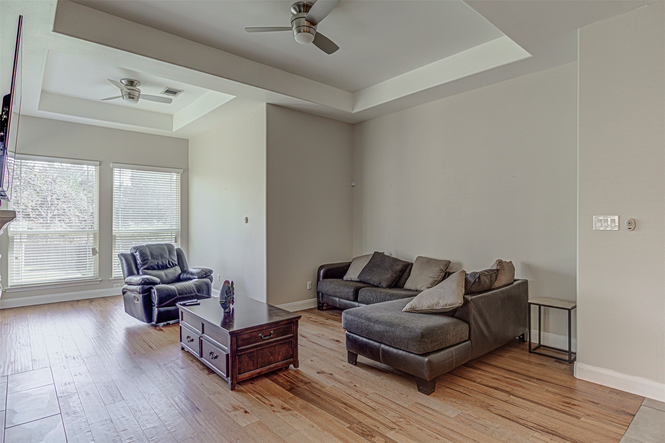 105 Arbors Circle Elgin, TX 78621 - Photo 20 of 40 Living area featuring a raised ceiling, a ceiling fan, and light wood-style floors