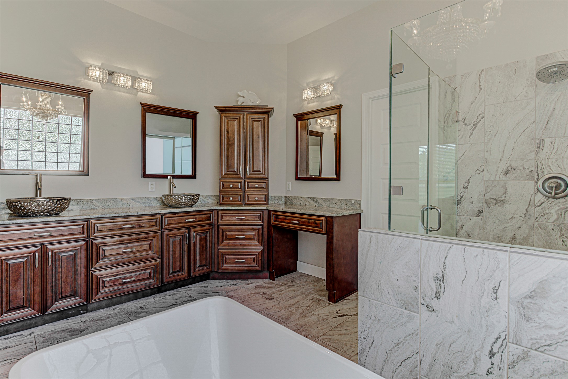 105 Arbors Circle Elgin, TX 78621 - Photo 29 of 40 Bathroom featuring a marble finish shower, vanity, and a tub to relax in