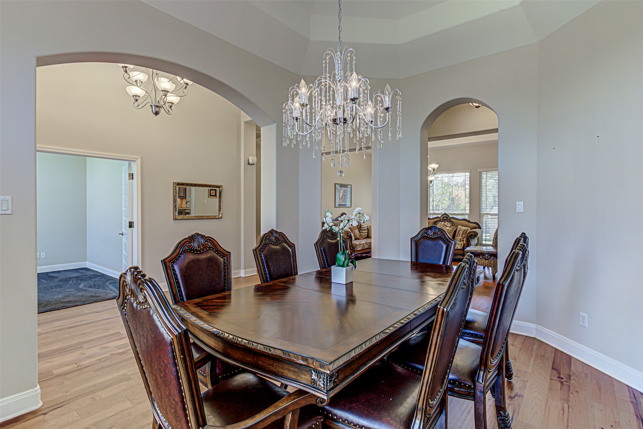 105 Arbors Circle Elgin, TX 78621 - Photo 7 of 40 Dining area with arched walkways, hanging lights, light wood-type flooring, and a tray ceiling