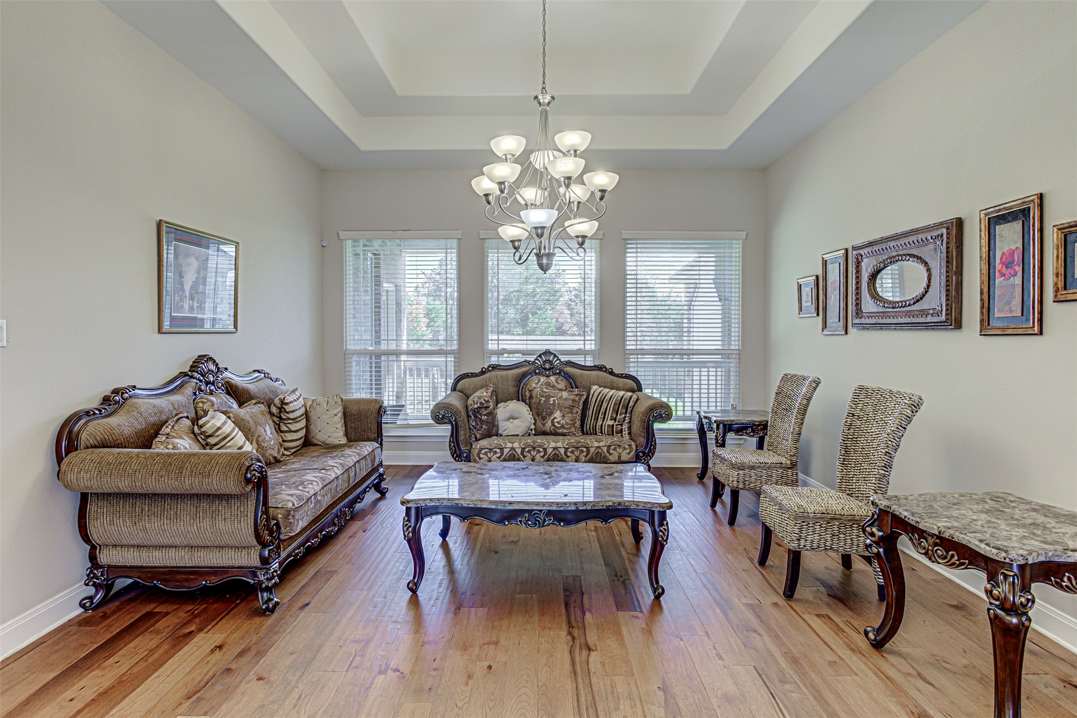 105 Arbors Circle Elgin, TX 78621 - Photo 9 of 40 Living area with suspended lighting, light wood-style flooring, and a raised ceiling