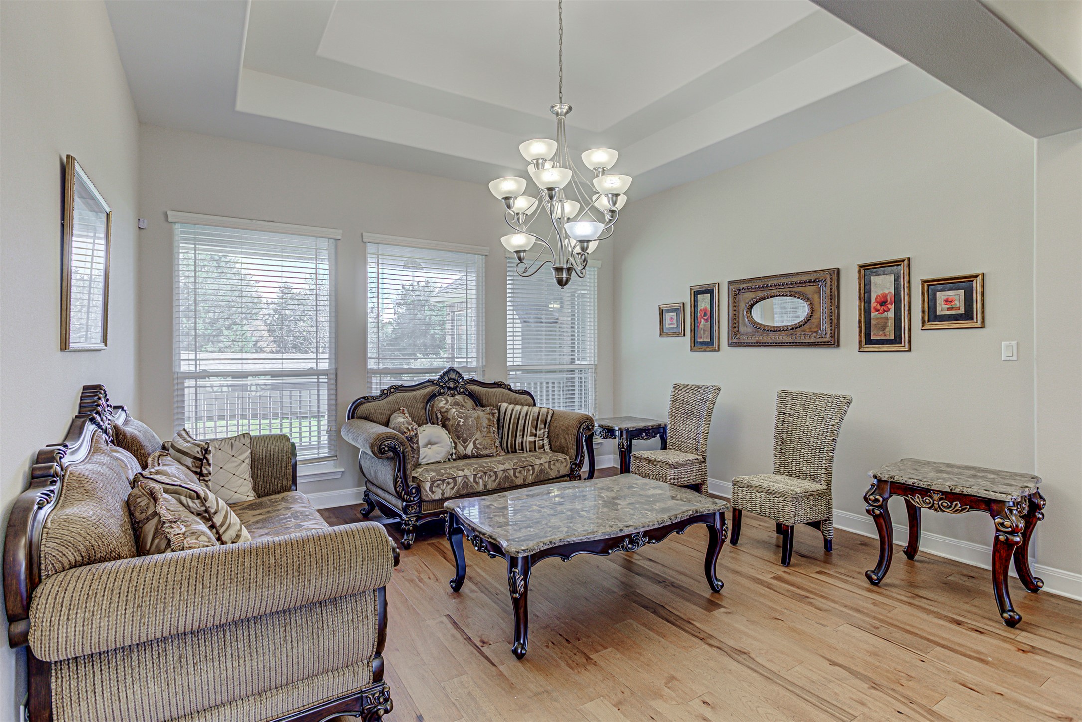 105 Arbors Circle Elgin, TX 78621 - Photo 10 of 40 Living area with light wood-style flooring, a raised ceiling, and hanging lights