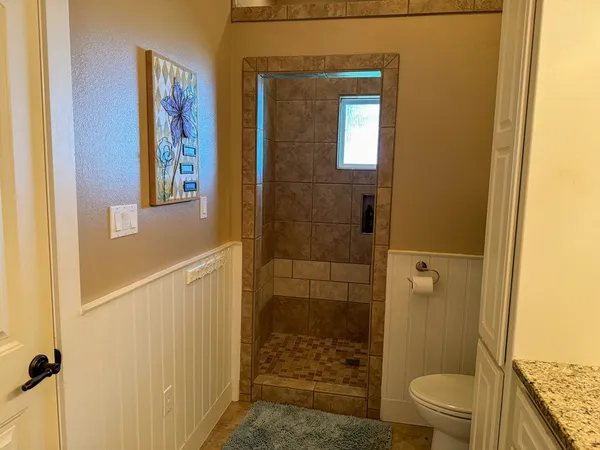 a bathroom with a granite countertop shower a toilet and a sink