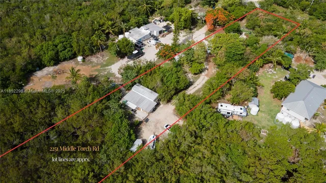 an aerial view of residential house with outdoor space and trees all around